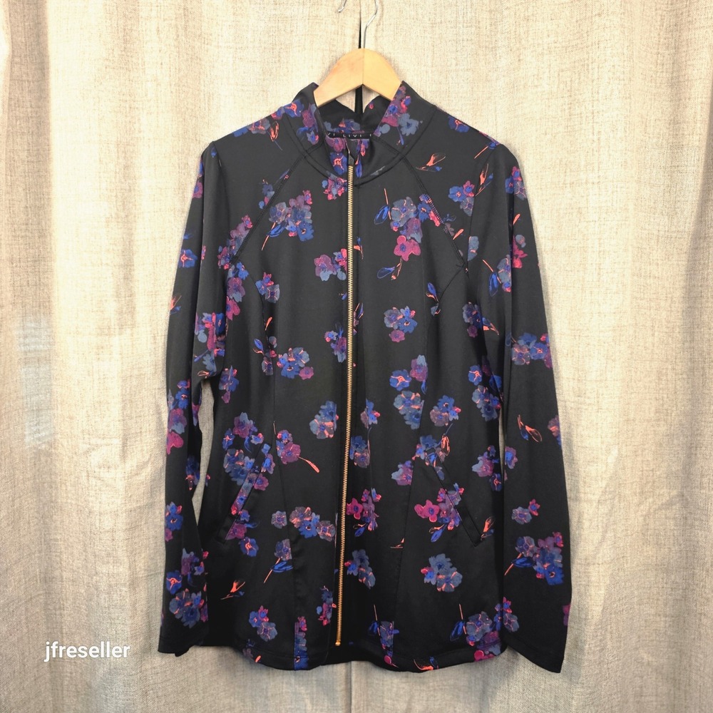 LIVI Active Floral Zip Up Jacket Women's 14/16 Black Purple Mesh Back Thumbholes